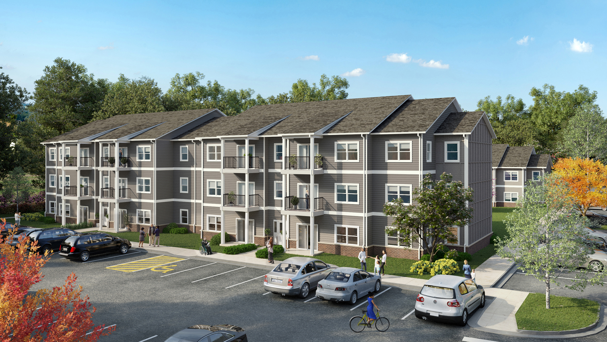 Apartment community with landscaped grounds and accessible parking